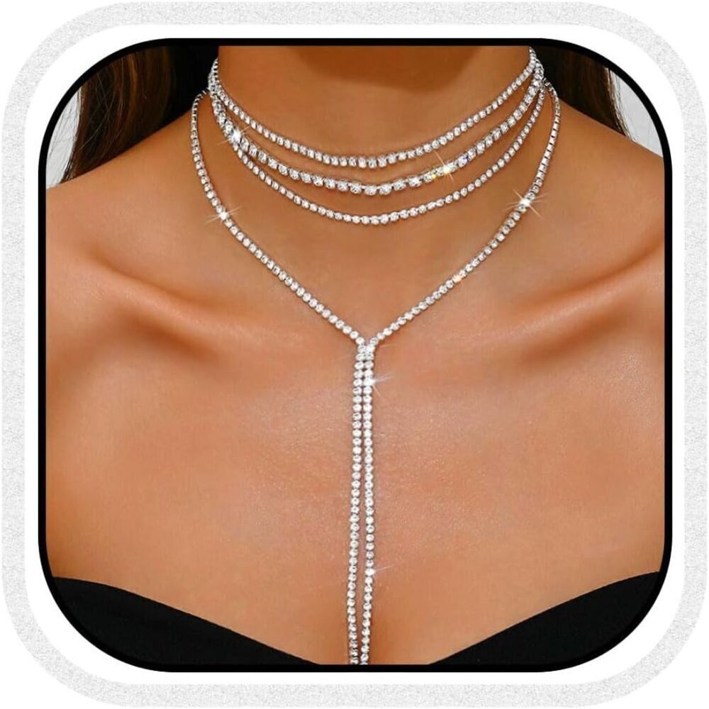Rhinestone Diamond Choker Necklace Alloy Silver for Formal Prom Weddings